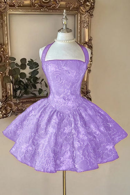 Chic Burgundy Halter Floral Jacquard A-Line Short Homecoming Dress AS1507