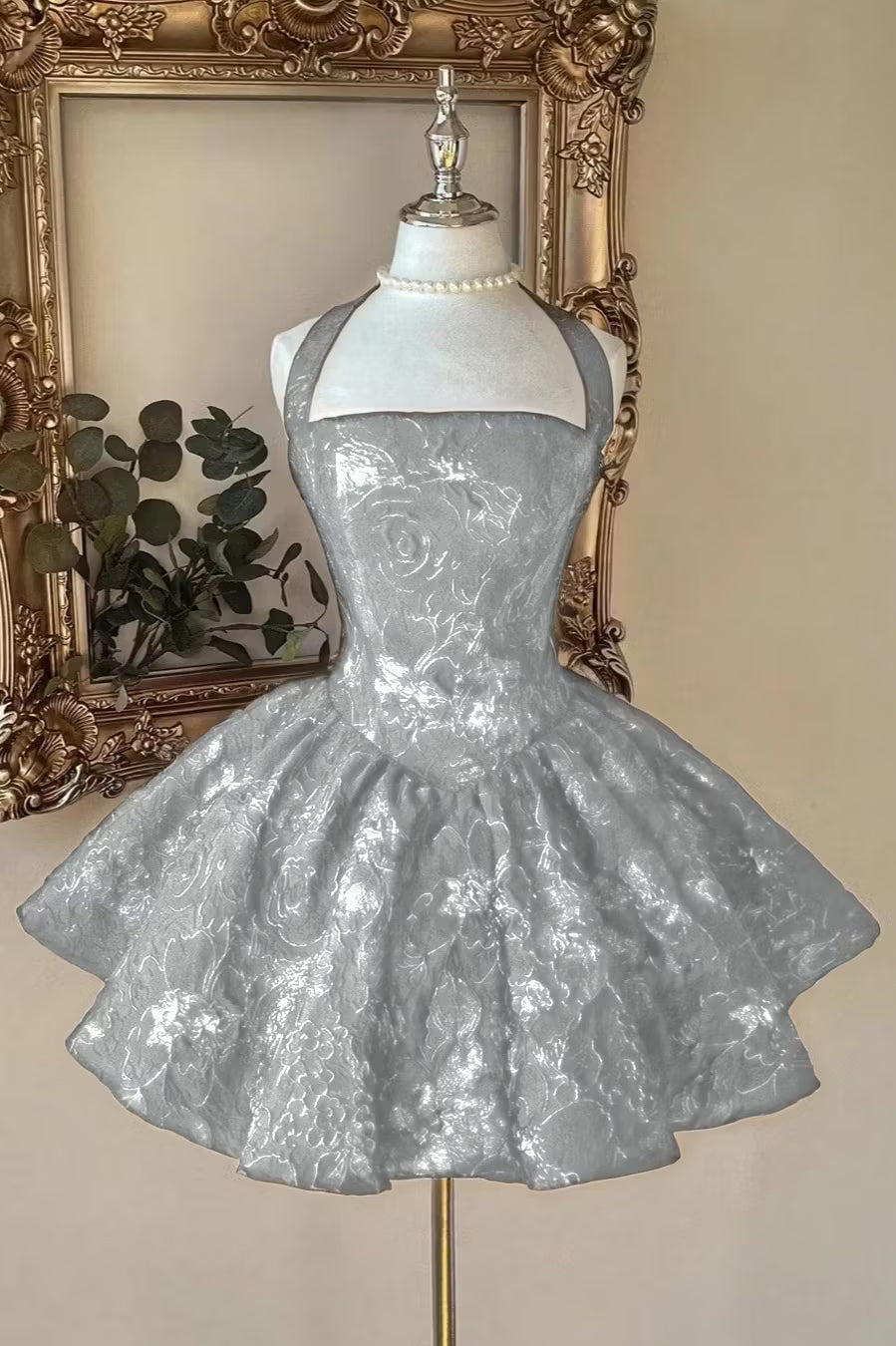 Chic Burgundy Halter Floral Jacquard A-Line Short Homecoming Dress AS1507