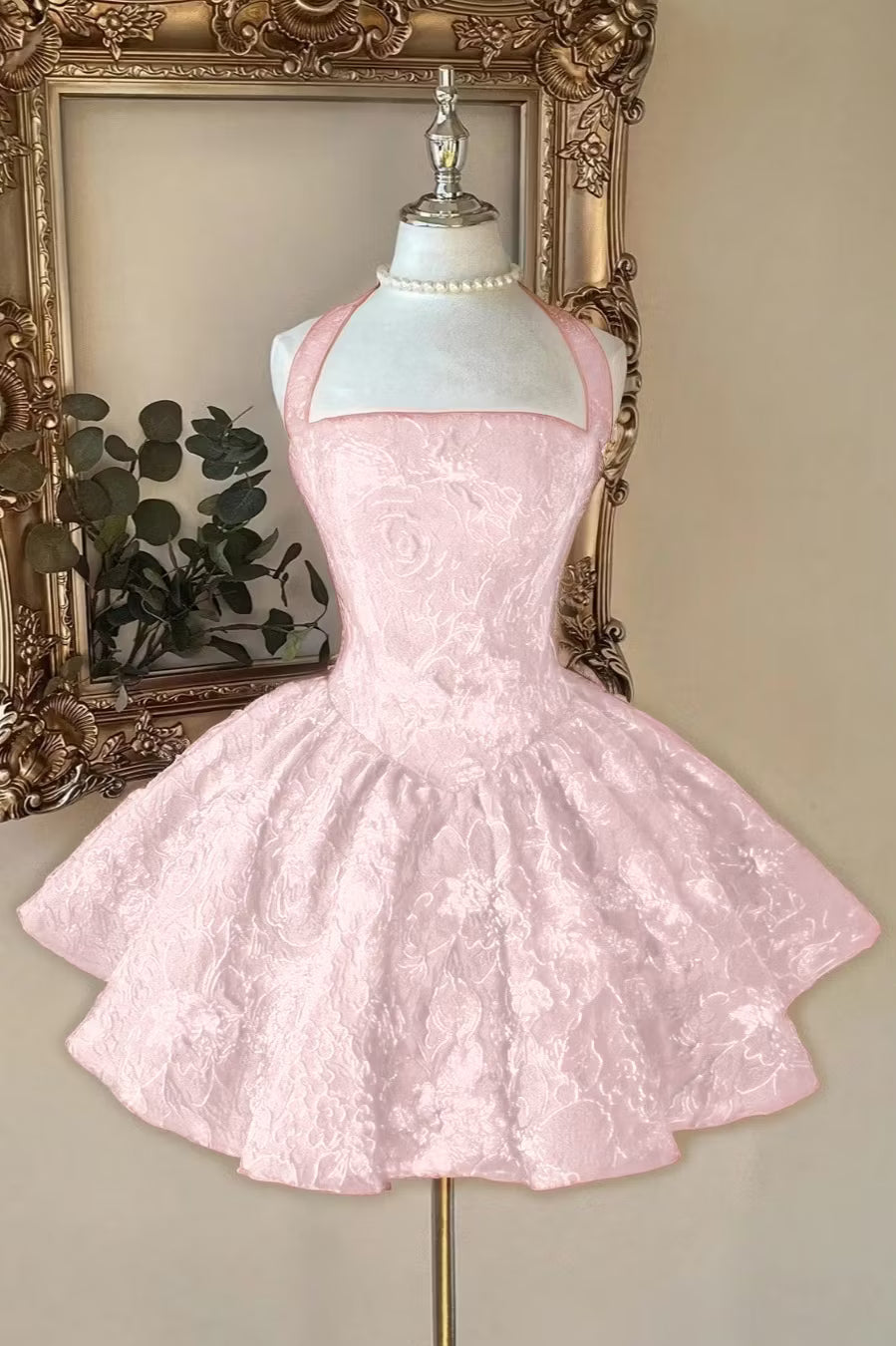 Chic Burgundy Halter Floral Jacquard A-Line Short Homecoming Dress AS1507