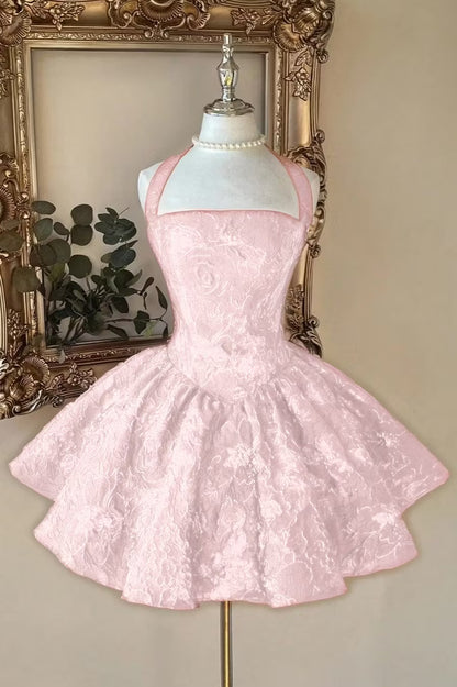 Chic Burgundy Halter Floral Jacquard A-Line Short Homecoming Dress AS1507