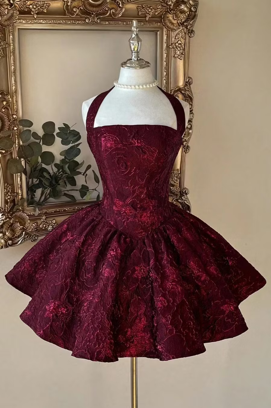 Chic Burgundy Halter Floral Jacquard A-Line Short Homecoming Dress AS1507