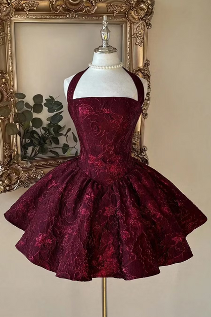 Chic Burgundy Halter Floral Jacquard A-Line Short Homecoming Dress AS1507
