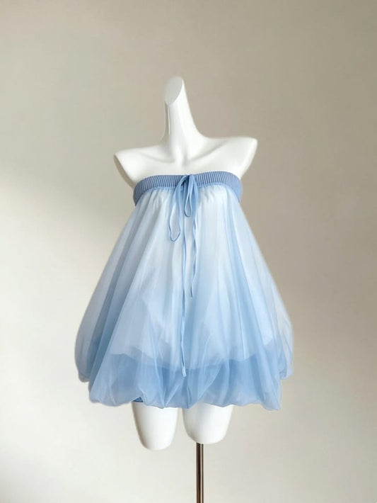 Dainty Light Blue Strapless Tulle A Line Bubble Short Homecoming Dress AS1509