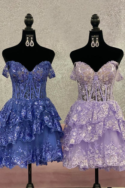 Sparkly Corset Homecoming Dress With Sequin Lace And Tiered Ruffle Skirt AS151