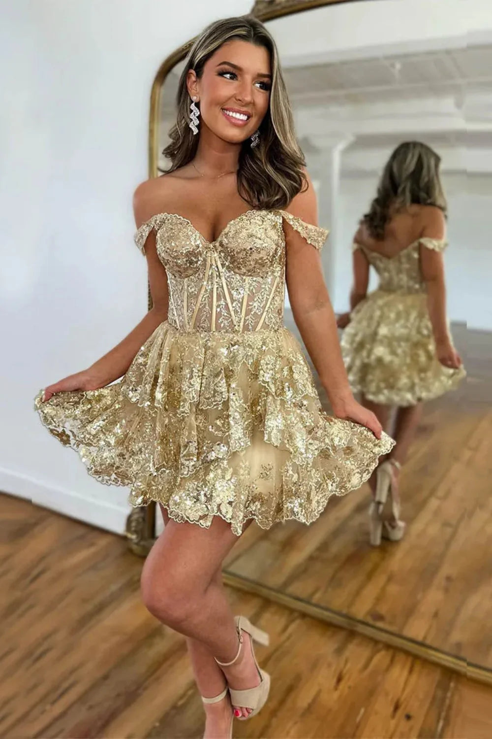 Sparkly Corset Homecoming Dress With Sequin Lace And Tiered Ruffle Skirt AS151