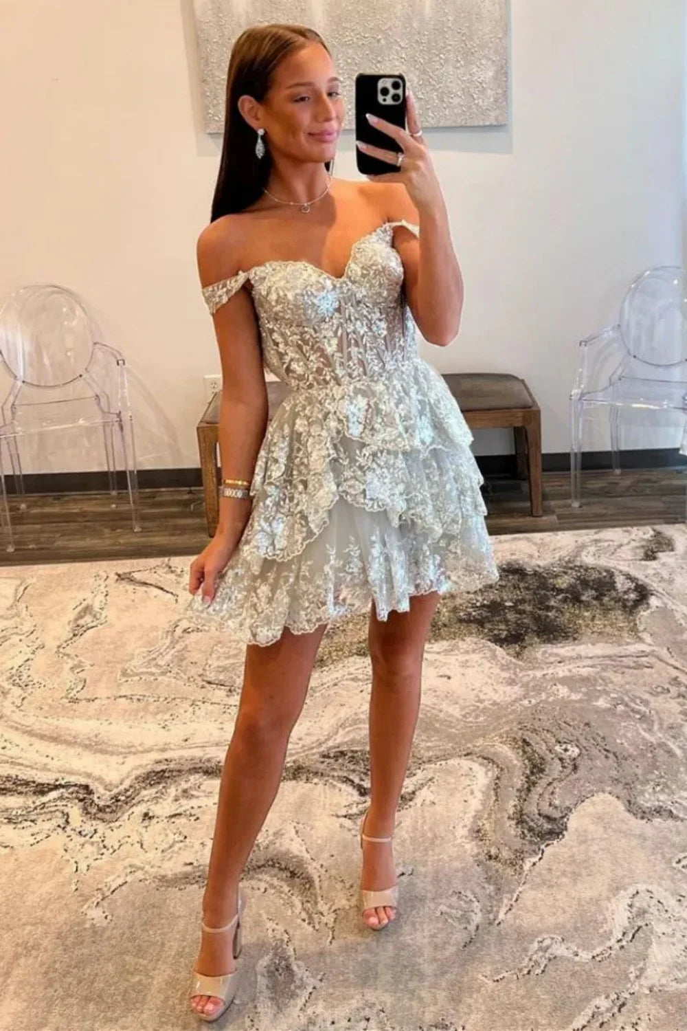 Sparkly Corset Homecoming Dress With Sequin Lace And Tiered Ruffle Skirt AS151