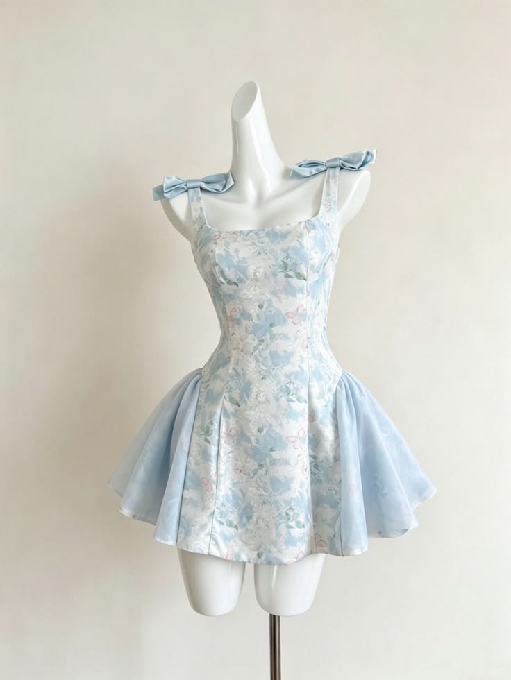 Sweet Light Blue Floral Bow Strap Square Neck Chiffon Spliced A-Line Short Homecoming Dress AS1510