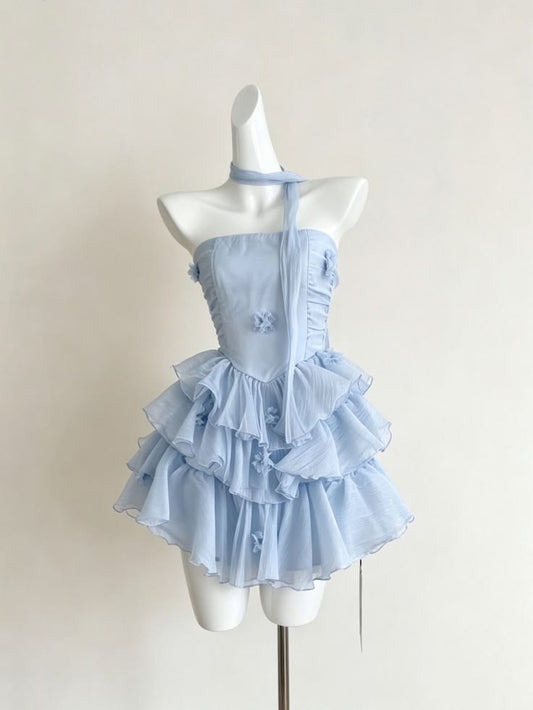 Dreamy Light Blue Strapless 3D Floral Appliques Ruched Tiered Ruffle A Line Short Homecoming Dress AS1511