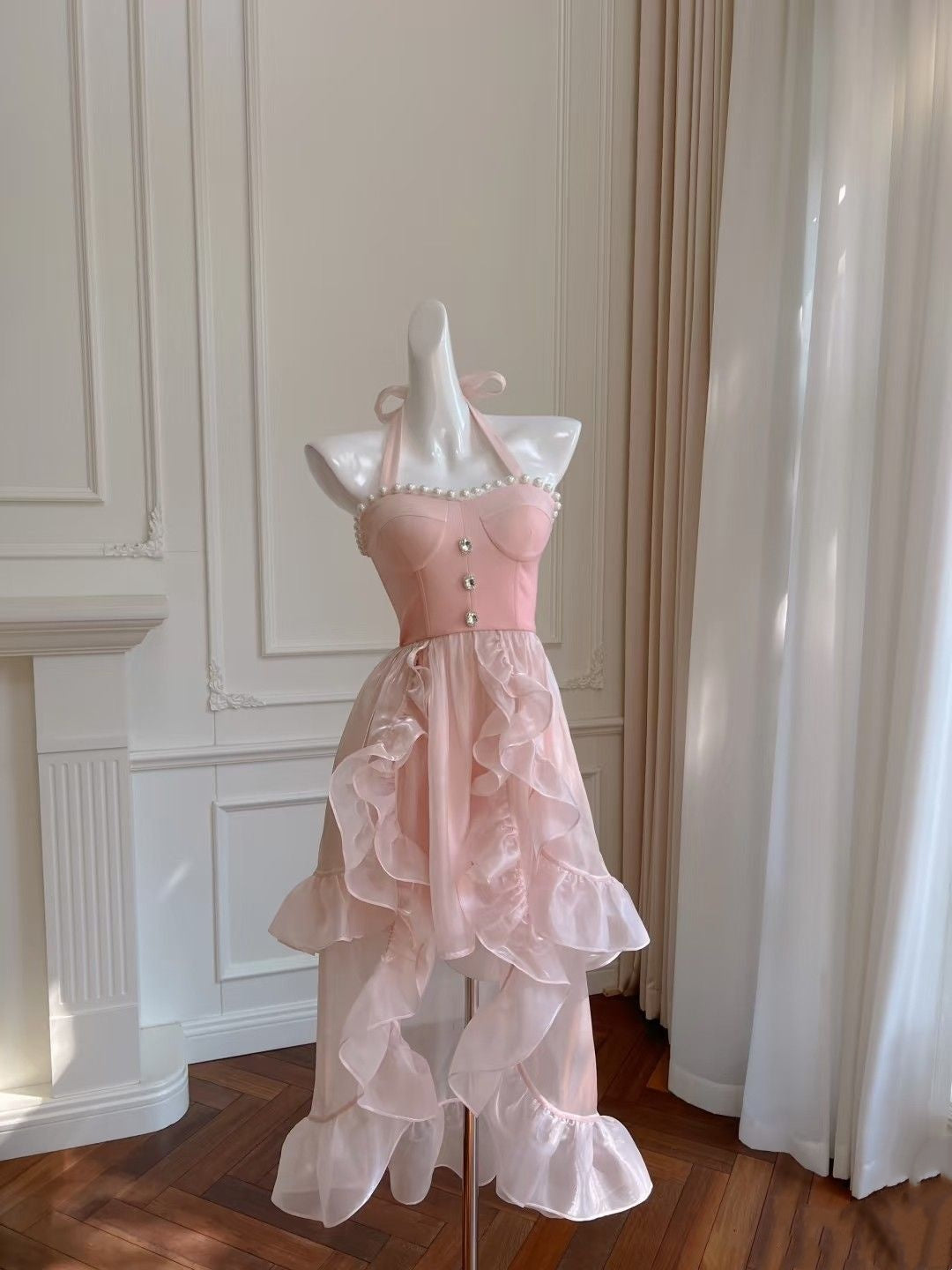 Chic Pink Halter Pearl Trim Rhinestone Button High Low Ruffle Short A Line Homecoming Dress AS1513