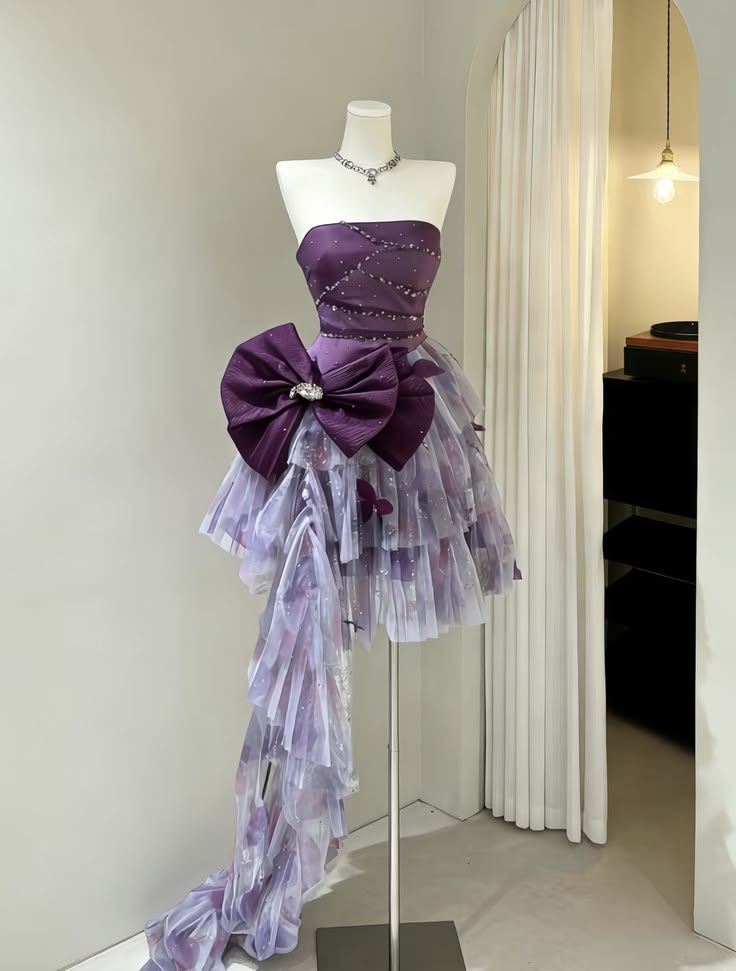 Glam Purple Strapless Beaded Satin Big Bow Train A Line Short Tulle Skirt Homecoming Dress AS1514