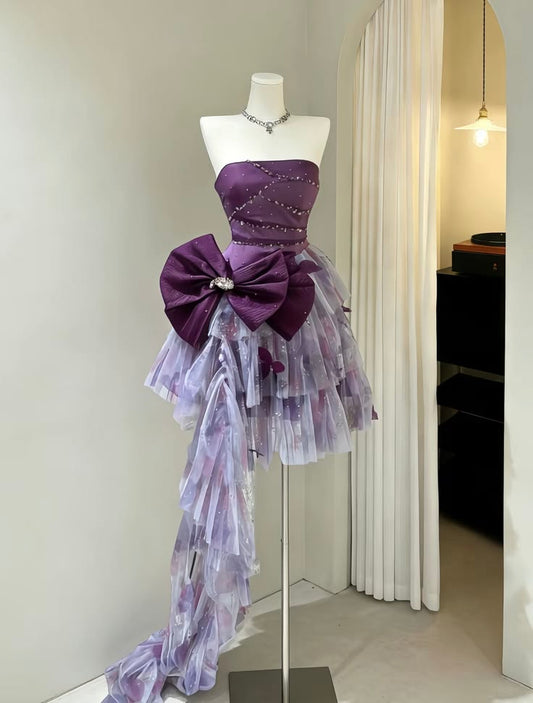 Glam Purple Strapless Beaded Satin Big Bow Train A Line Short Tulle Skirt Homecoming Dress AS1514