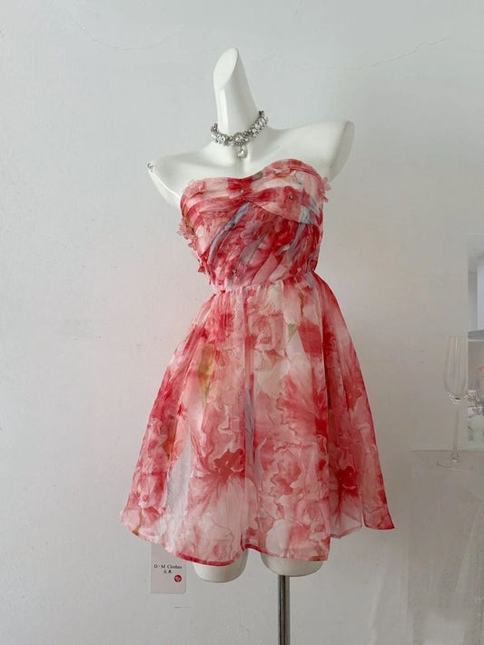 Glam Red Floral Print Strapless Floral Appliques Ruched Chiffon A Line Short Homecoming Dress AS1517