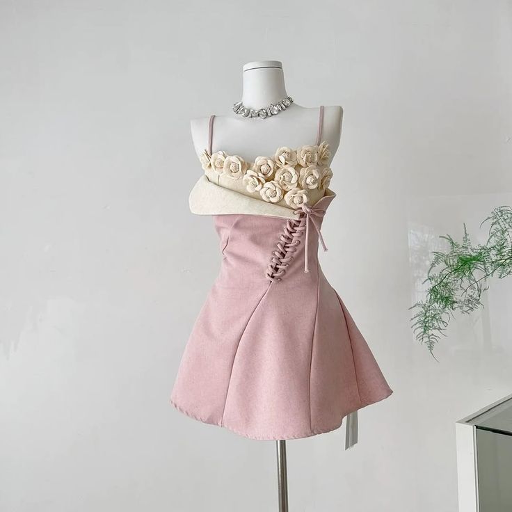 Romantic Pink Spaghetti Strap 3D Cream Rose Side Lace-Up A Line Short Homecoming Dress AS1520