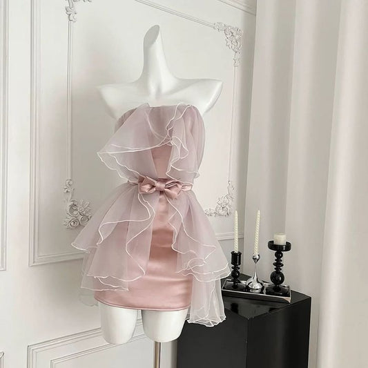 Glam Pink Strapless Ruffled Trim Organza Overlay Bow Waist Satin Bodycon Short Homecoming Dress AS1521