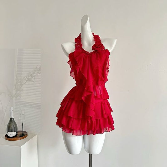 Glam Red Halter 3D Rose Ruffled Tiered Chiffon A Line Short Homecoming Dress AS1524