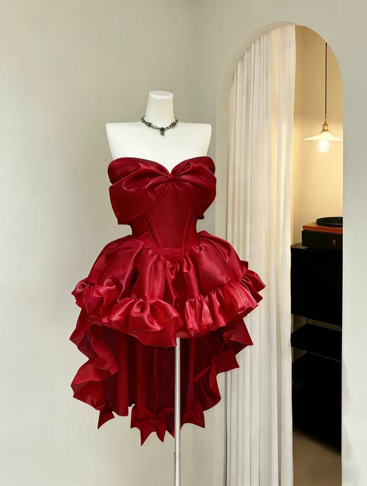 Glam Red Off Shoulder Big Bow Neck Satin Corset A Line Ruffled High Low Short Homecoming Dress AS1529