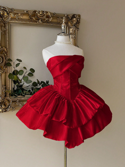 Chic Navy Strapless Fold Over Satin Corset Tiered Ruffle A Line Short Homecoming Dress AS1530