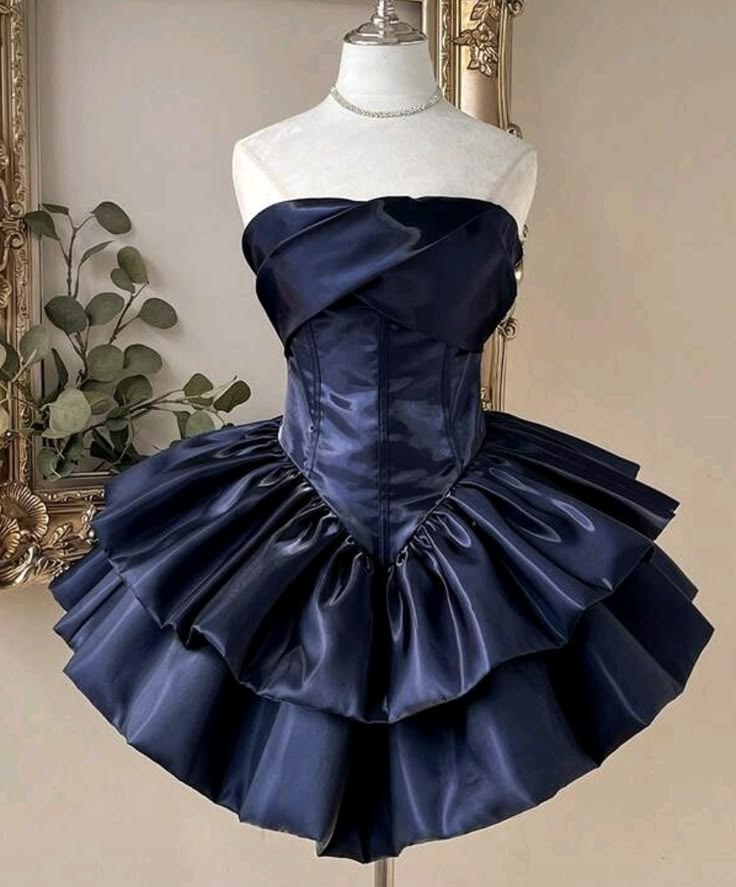 Chic Navy Strapless Fold Over Satin Corset Tiered Ruffle A Line Short Homecoming Dress AS1530