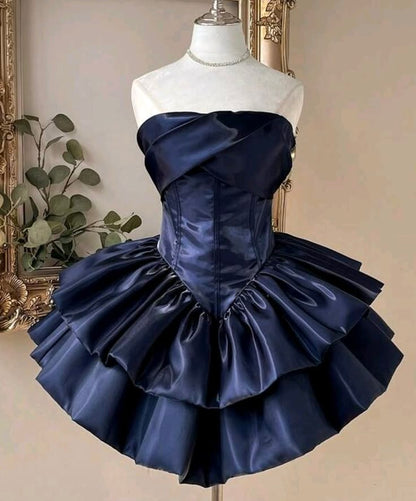 Chic Navy Strapless Fold Over Satin Corset Tiered Ruffle A Line Short Homecoming Dress AS1530