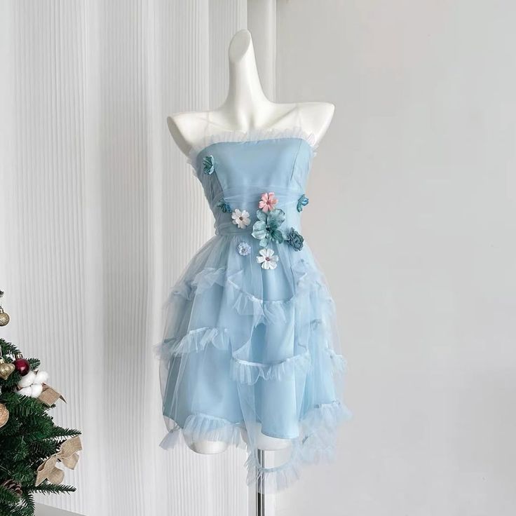 Dainty Light Blue Strapless 3D Floral Appliques Multi-Tier Tulle A Line Short Homecoming Dress AS1531