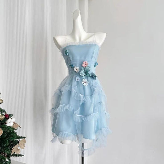 Dainty Light Blue Strapless 3D Floral Appliques Multi-Tier Tulle A Line Short Homecoming Dress AS1531