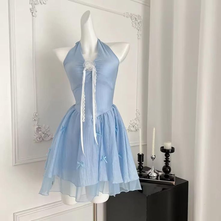 Sweet Light Blue Halter 3D Flower Lace Ribbon A Line Chiffon Short Homecoming Dress AS1532