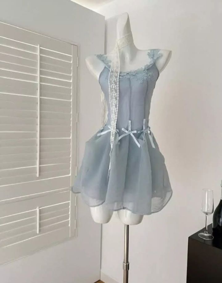 Dainty Dusty Blue Lace Trim Spaghetti Strap Bow Sheer Tulle A Line Short Homecoming Dress AS1533