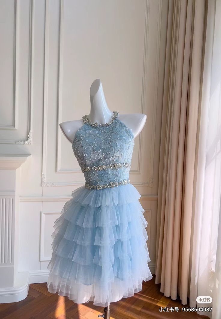 Stunning Light Blue Halter Rhinestone Tiered Tulle A Line Short Homecoming Dress AS1534