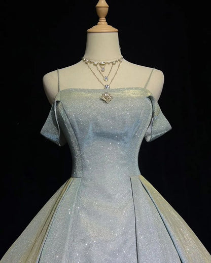 Stunning Light Blue Spaghetti Strap Off Shoulder Glitter A-Line Short Homecoming Dress AS1535