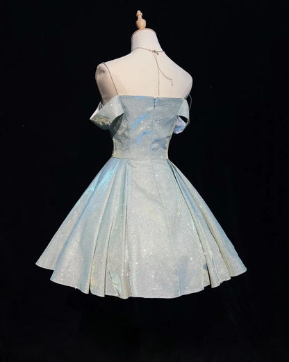 Stunning Light Blue Spaghetti Strap Off Shoulder Glitter A-Line Short Homecoming Dress AS1535