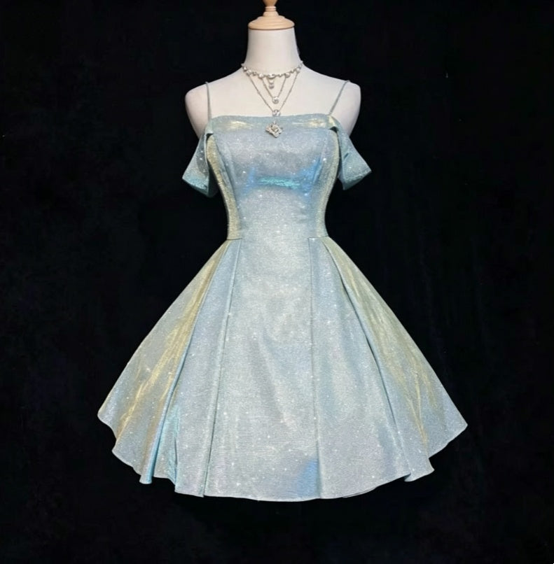 Stunning Light Blue Spaghetti Strap Off Shoulder Glitter A-Line Short Homecoming Dress AS1535