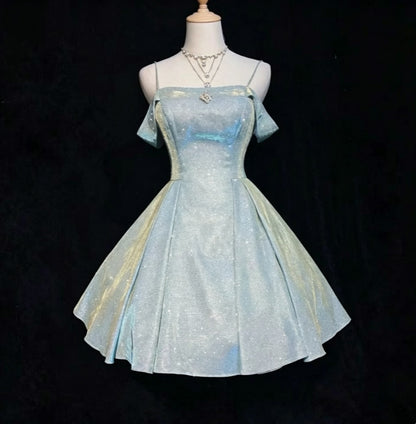 Stunning Light Blue Spaghetti Strap Off Shoulder Glitter A-Line Short Homecoming Dress AS1535