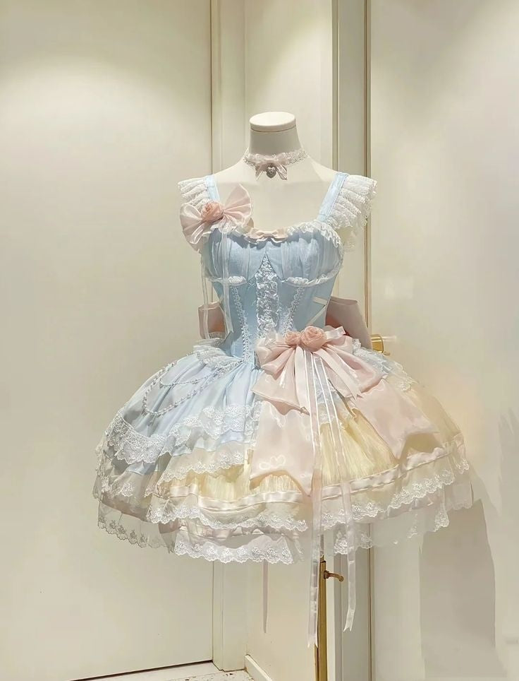 Sweet Light Blue Ruffle Lace Strap Pink Floral Bow Tiered Lace Trim A Line Short Homecoming Dress AS1536