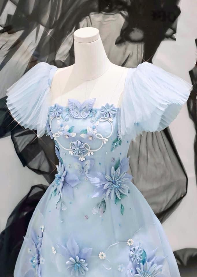 Romantic Light Blue Square Neck Puff Short Sleeve 3D Floral Appliques A Line Short Homecoming Dress AS1538