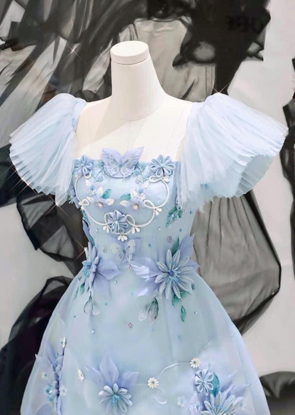 Romantic Light Blue Square Neck Puff Short Sleeve 3D Floral Appliques A Line Short Homecoming Dress AS1538