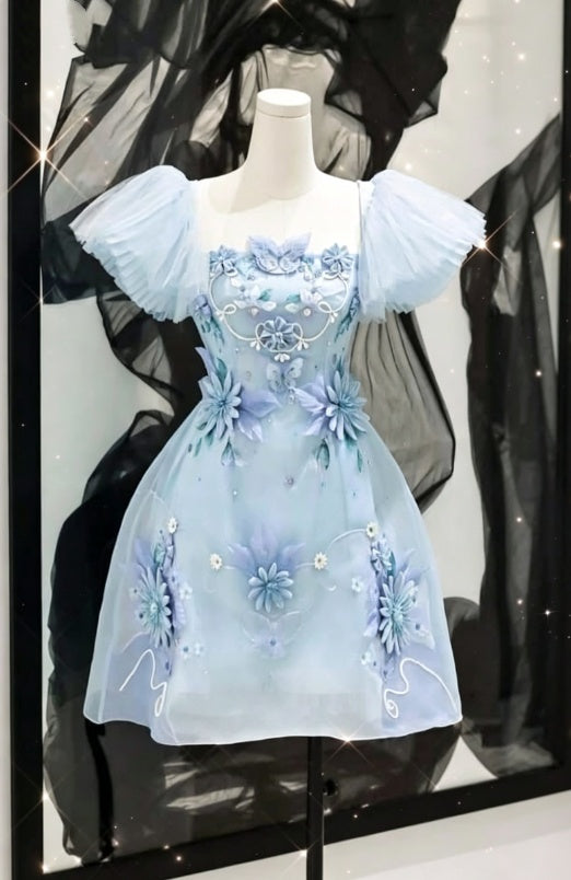 Romantic Light Blue Square Neck Puff Short Sleeve 3D Floral Appliques A Line Short Homecoming Dress AS1538