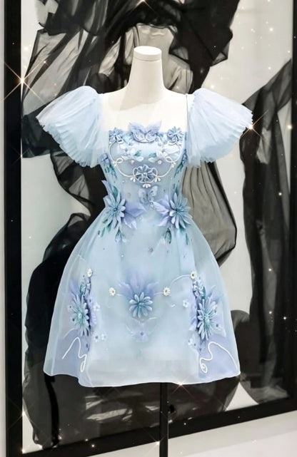 Romantic Light Blue Square Neck Puff Short Sleeve 3D Floral Appliques A Line Short Homecoming Dress AS1538