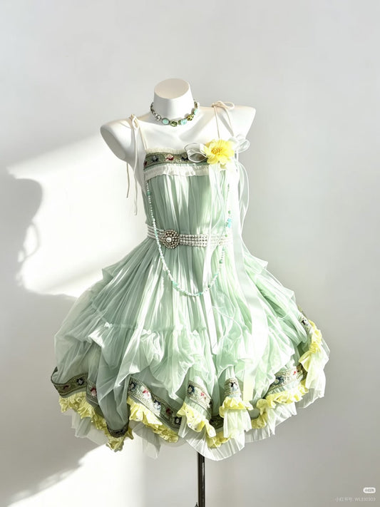 Fresh Mint Green Spaghetti Strap Floral Trim Beaded Ruffled A Line Puffy Short Homecoming Dress AS1539