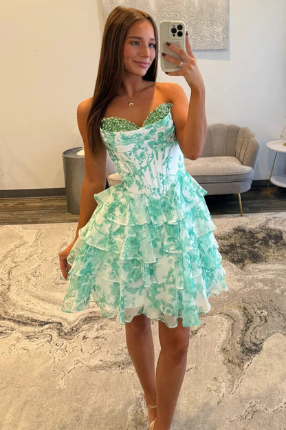 Mint Green Floral Tiered Ruffle Homecoming Dress With Sequin Sweetheart Bodice AS154
