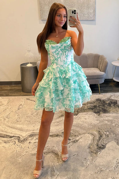 Mint Green Floral Tiered Ruffle Homecoming Dress With Sequin Sweetheart Bodice AS154