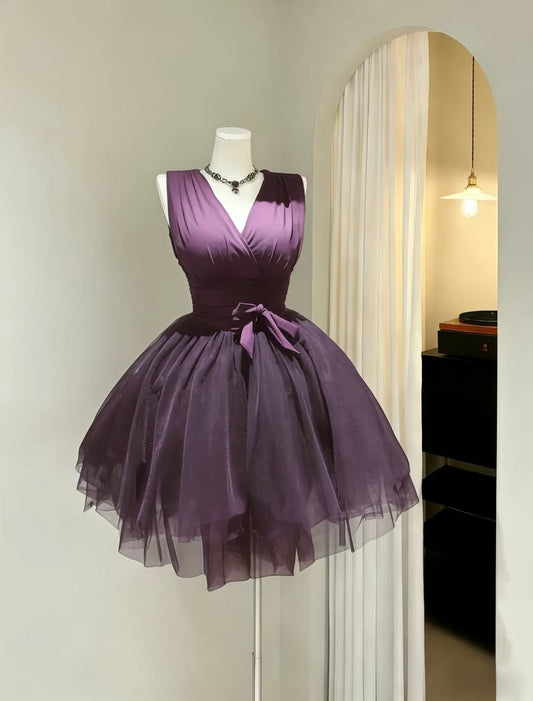 Elegant Purple Sleeveless V Neck Bow Waist Tulle A Line Short Homecoming Dress AS1540