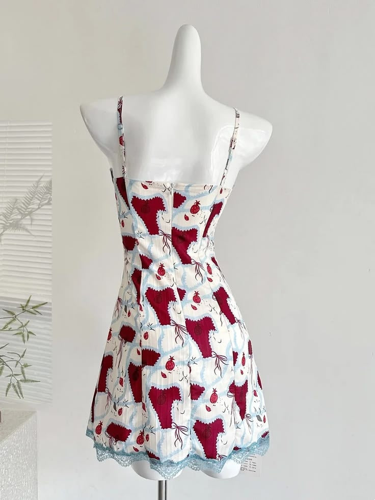 Chic White Red Print Spaghetti Strap Blue Lace Trim Bodycon Short Homecoming Dress AS1541