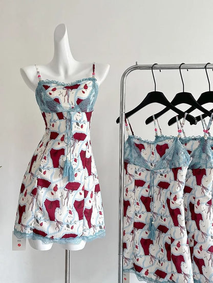Chic White Red Print Spaghetti Strap Blue Lace Trim Bodycon Short Homecoming Dress AS1541