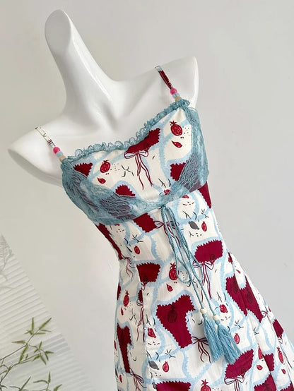 Chic White Red Print Spaghetti Strap Blue Lace Trim Bodycon Short Homecoming Dress AS1541
