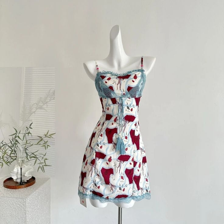 Chic White Red Print Spaghetti Strap Blue Lace Trim Bodycon Short Homecoming Dress AS1541