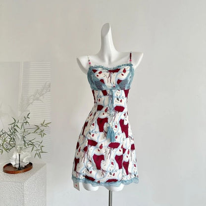 Chic White Red Print Spaghetti Strap Blue Lace Trim Bodycon Short Homecoming Dress AS1541