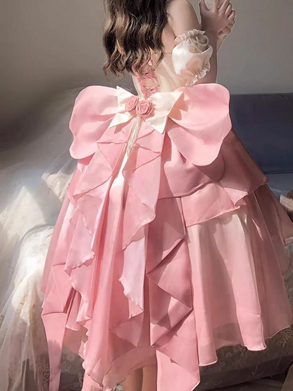 Romantic Cream Blush Crisscross Halter Strap 3D Rose Bow Pearl Chain A Line Short Homecoming Dress AS1545