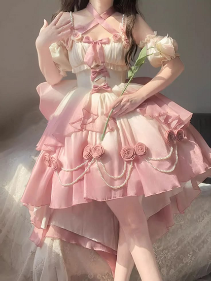 Romantic Cream Blush Crisscross Halter Strap 3D Rose Bow Pearl Chain A Line Short Homecoming Dress AS1545