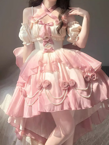 Romantic Cream Blush Crisscross Halter Strap 3D Rose Bow Pearl Chain A Line Short Homecoming Dress AS1545