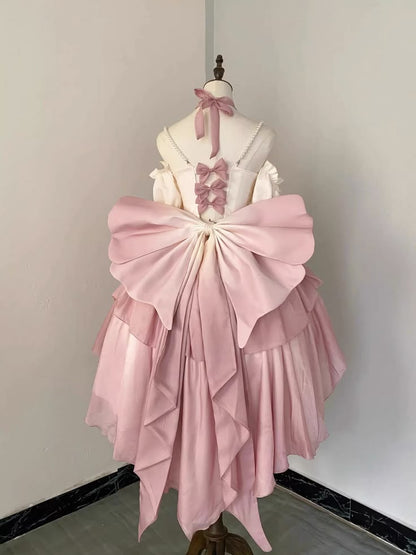 Romantic Cream Blush Crisscross Halter Strap 3D Rose Bow Pearl Chain A Line Short Homecoming Dress AS1545
